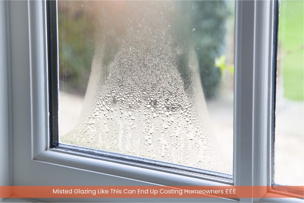 Condensation trapped between the panes of a failed double glazed window